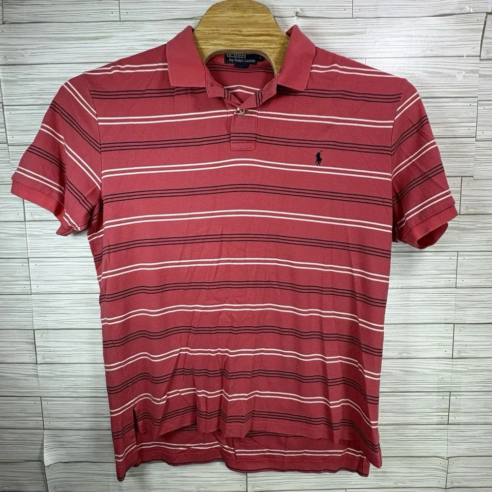 Polo Ralph Lauren Men's Golf Polo Shirt‎ Red White Black Stripe Cotton Sz Lg